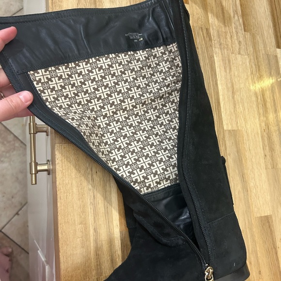 Tory Burch Black Suede below Knee Logo Boots - Picture 10 of 12